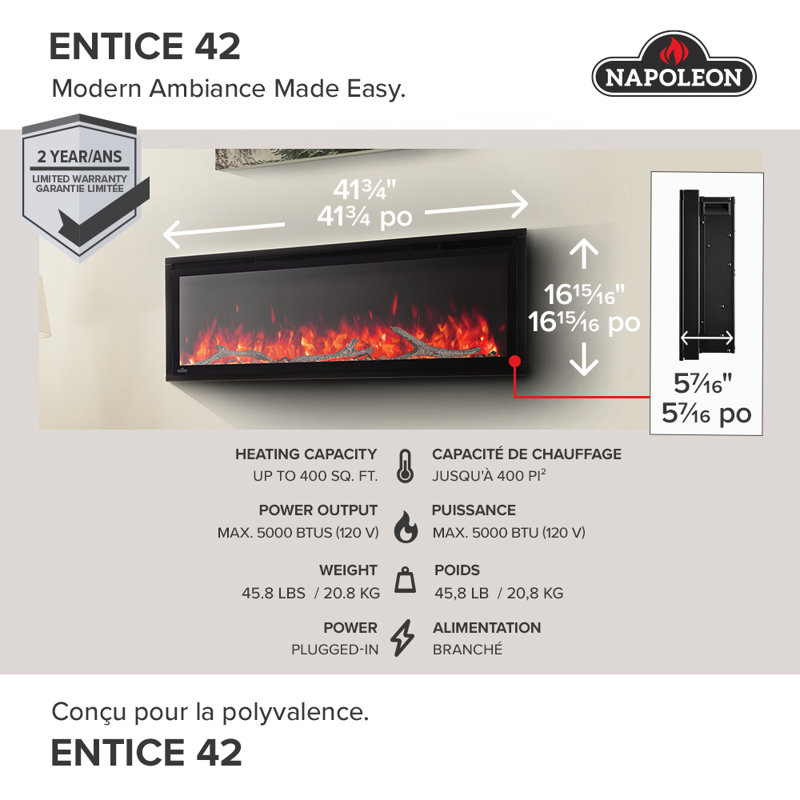 Napoleon Black Surface Wall Mounted Recessed Wall Mounted Electric Fireplace Insert with BTU 5000, 42" Wide