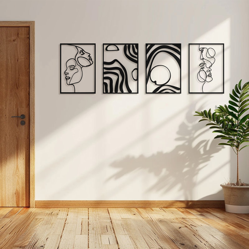 Metal Wall Art Décor,Morden Wall Art for Living Room Bedroom Hallway Dining Room, Line Art Wall Décor,Set of 4, Black