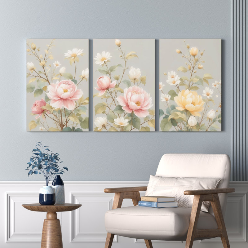 Ensemble de 3 toiles murales à motifs floraux rose poudré et crème, H 18 po x l 36 po
