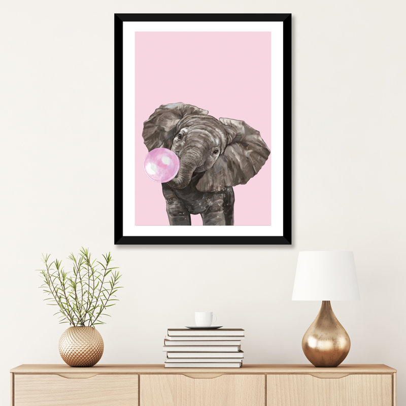 Art d’éléphant de gomme à bulles, H 32 po x l 24 po x P 1 po, Papier avec cadre noir