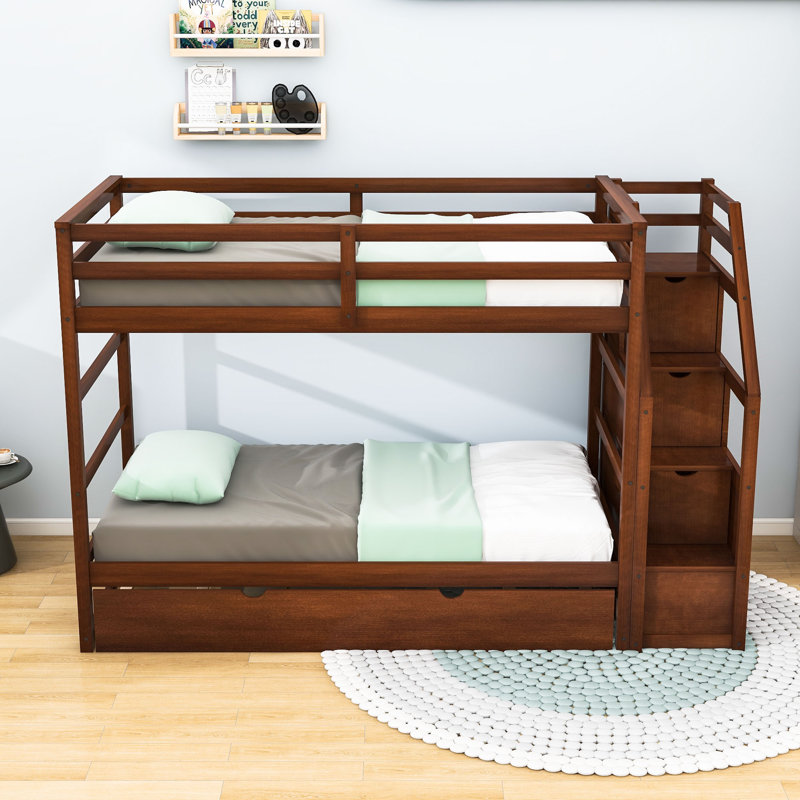 Twin Over Twin Wood Bunk Bed With Twin Trundle, Storage Staircase And Guardrails, Walnut