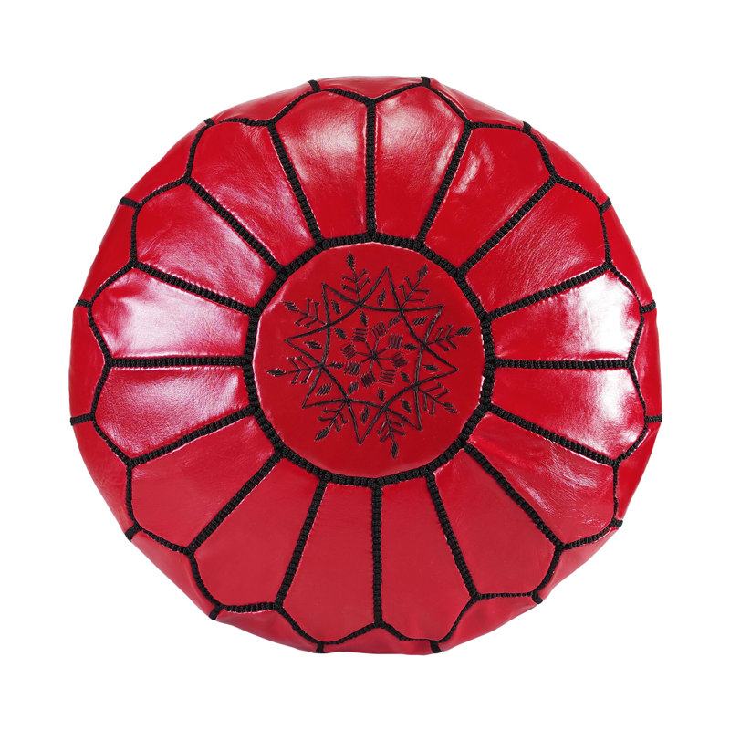 Handcrafted Red and Black Genuine Leather Round Moroccan Pouf