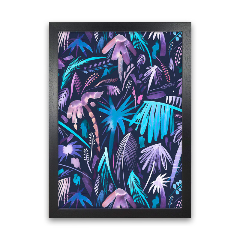 Brushstrokes Tropical Palms Navy - Print, Black Framed, 88cm H x 64cm W x 3cm D