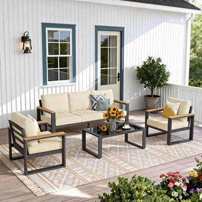 All Aluminum Outdoor Furniture Set for all Weather, 5-Person Patio Furniture Set with Wood Armrest for Skin-friendly Touch, 4-Piece Outdoor Patio Set with Removable Cushion