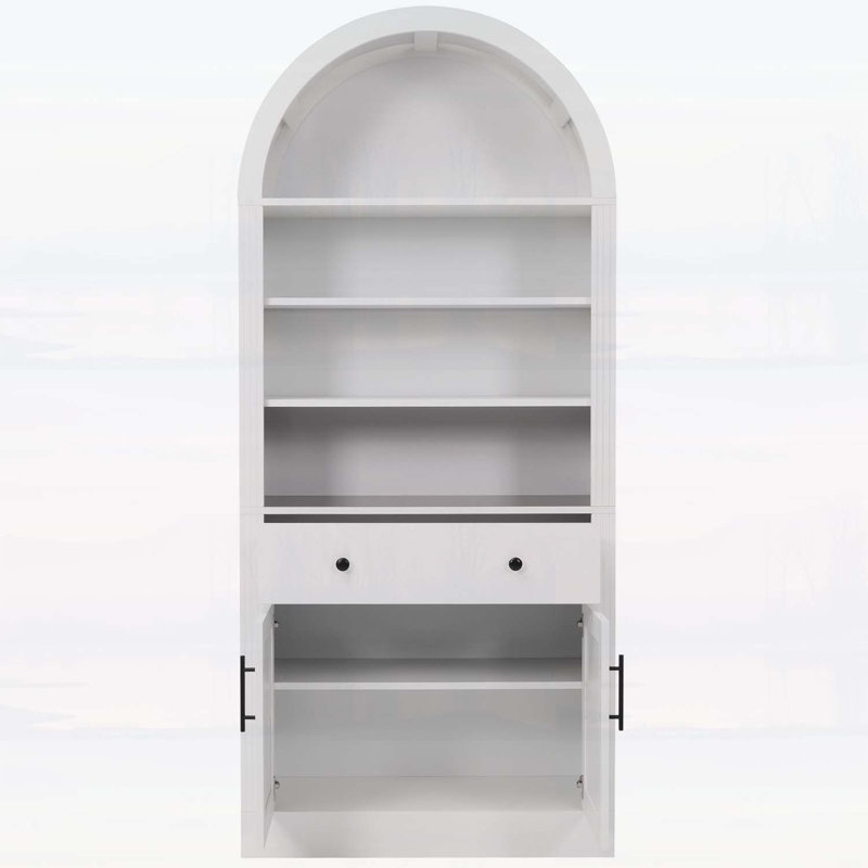 Bibliothèque cintrée avec armoire de rangement, bibliothèque d'exposition haute avec étagères réglables et portes de tiroirs, autoportante pour salon, bureau et salle de bain