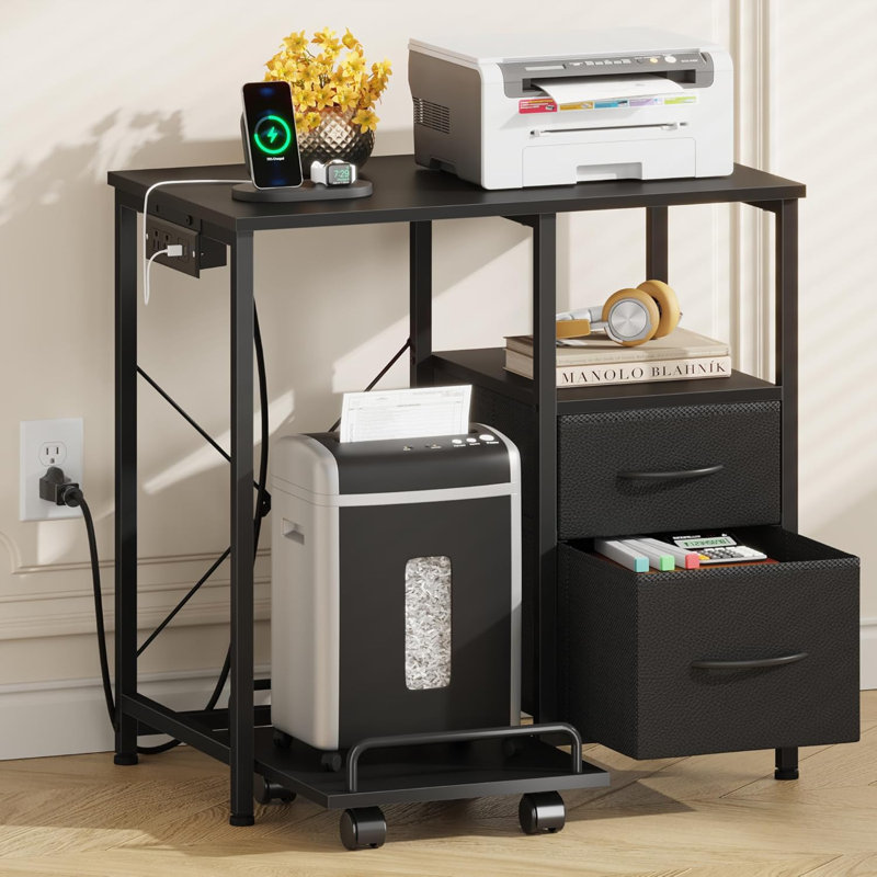 Printer Stand With Power Outlet And USB Ports, Rolling Shredder Stand With Fabric Drawers And Storage Shelf, Sturdy Home Office Printer Table With Multi-Functional Design