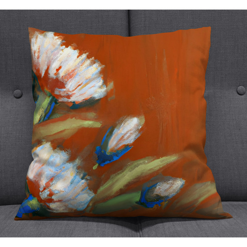 Throw Pillow With Insert, White/Orange Floral 2, 18"H x 18"W