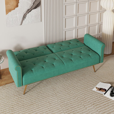 Canapé-lit convertible moelleux en velours beige avec têtes de clou décoratives