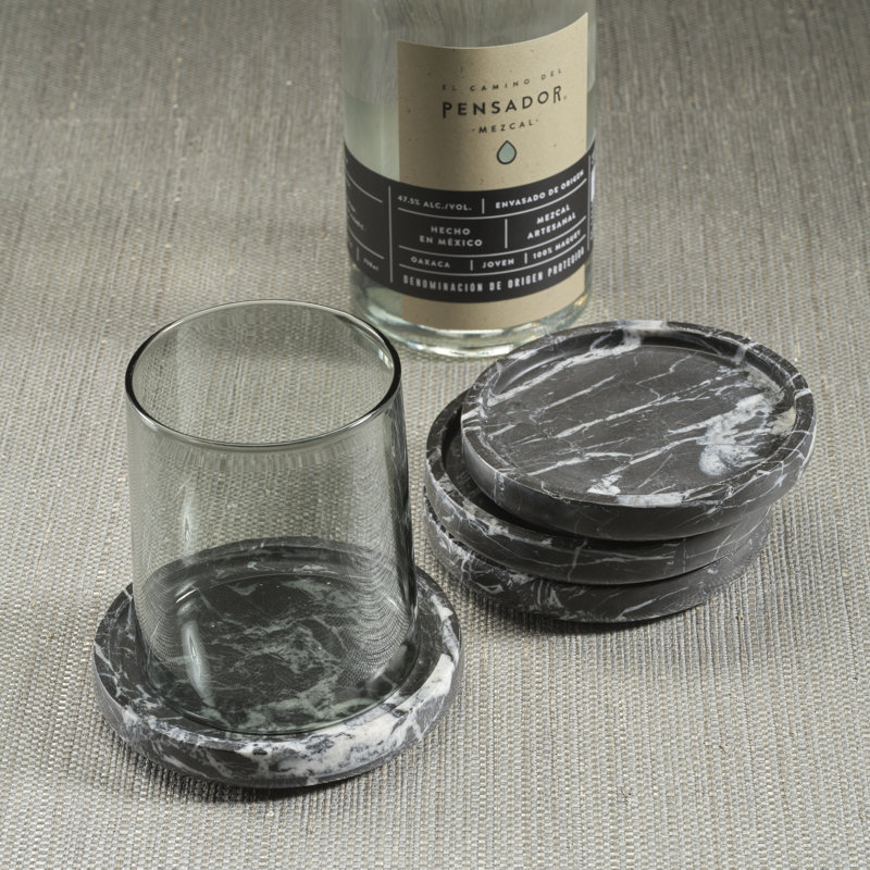 4.5' Round Marble Coasters, Set of 4, Black Marquino