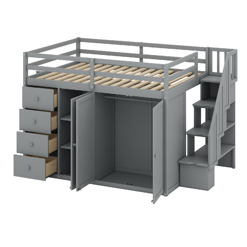 Lit mezzanine en bois avec armoires encastrées, Gris