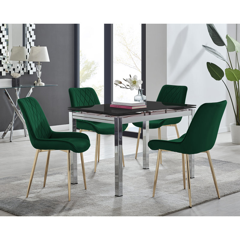 Tierra Modern Glass & Metal Extendable Dining Table Set & 6 Luxury Upholstered Velvet Dining Chairs, Gray/Black