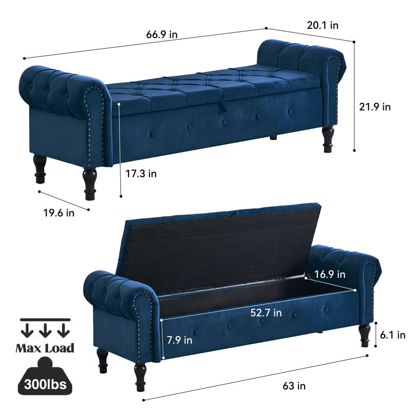 Banc de rangement rembourré 66,9 po, Bleu