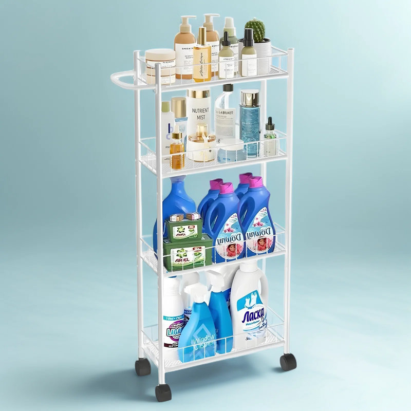 Chariot de rangement étroit et utilitaire avec poignée, idéal pour la cuisine, la buanderie, la salle de bain et le bureau. Structure métallique robuste, design compact, coloris brun rustique et blanc classique.