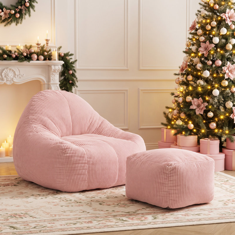 46" W Corduroy Bean Bag Chair with Ottoman, Oversized Memory Foam Floor Sofa for Adults, Gaming & Lounge Seat, 500 LBS Weight Capacity