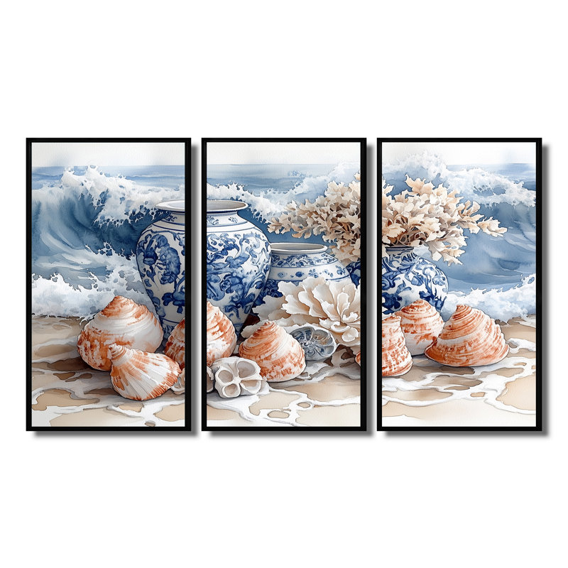 «Floral Beach Pottery» en bleu et blanc I - ensemble d'art mural de poterie de plage, H 28 po x l 36 po x P 1 po