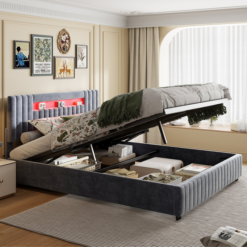 Velvet Ottoman Bed, Smart RGB LED Headboard With Vertical Tufting, European Double (140X200cm) & King (160X200cm) , Grey