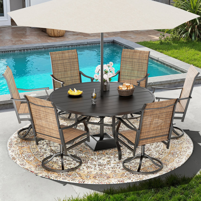 6 Person Patio Dining Set with Powder Coated Steel Round Patio Dining Table, 6, Brown/Black