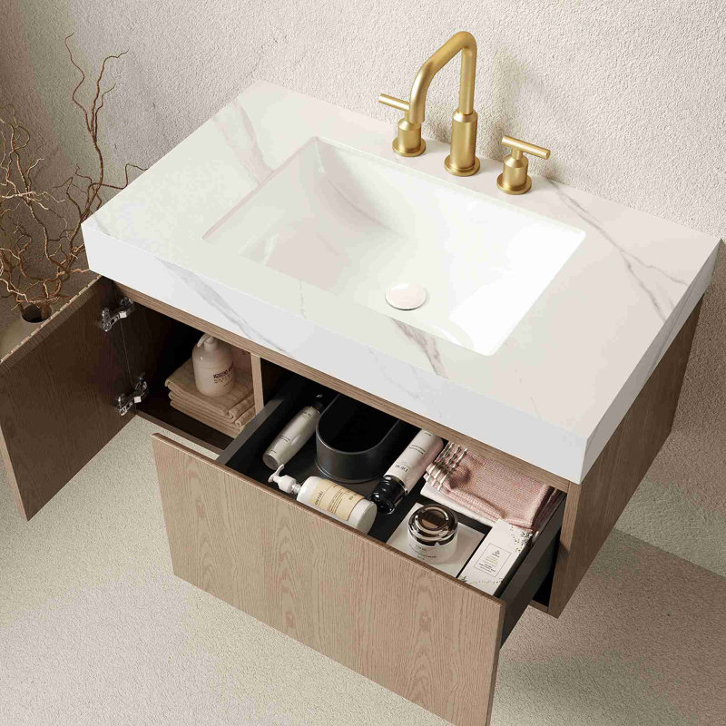 Meuble-lavabo mural, Brun pâle, 36", Blanc de Carrare