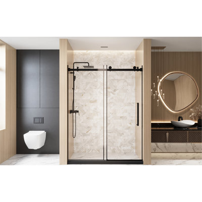 Porte de douche coulissante simple, verre trempé transparent de 1/4 po (6 mm) de l 56 à 60 po x H 76 po, rail tubulaire carré en acier inoxydable, film de preuve et poignée en noir mat pour poignée de porte de salle de bain, film,