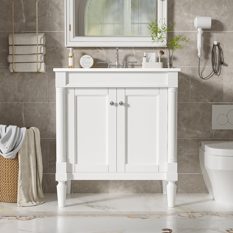 Meuble-lavabo 30 po blanc avec lavabo en céramique, White, Silver