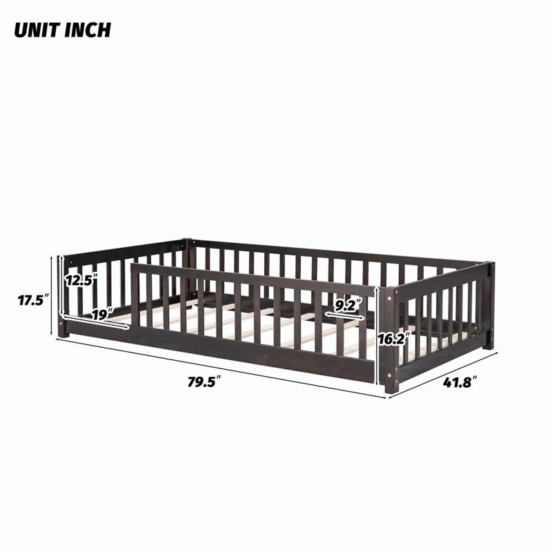 Giezi Kids Twin Floor Platform Bed with Fence, Espresso, Twin