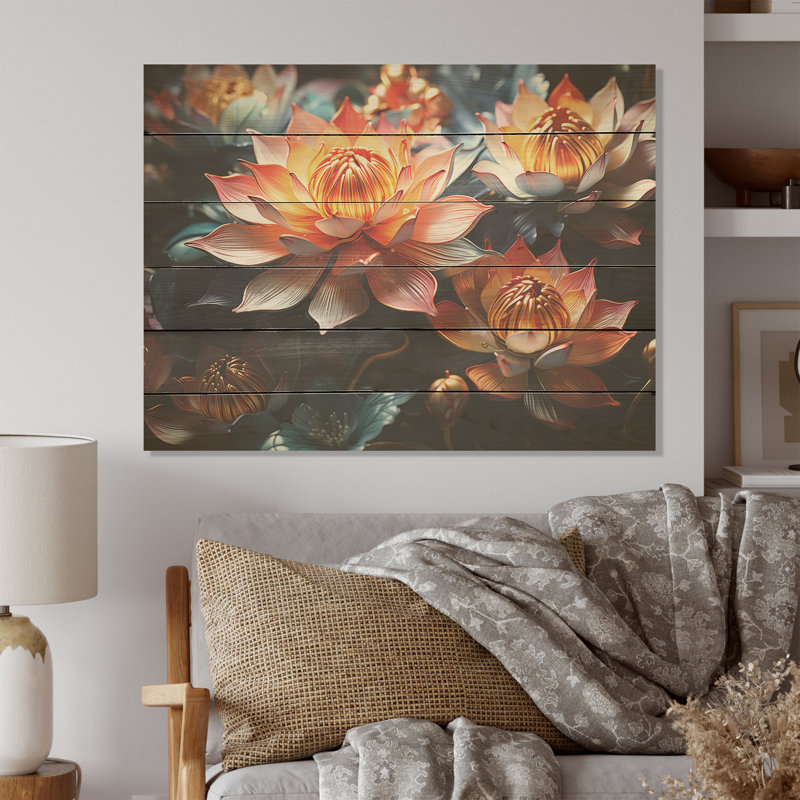 Elegance In Lotus Blooms I - Art mural sur bois de pin naturel, H 30 po x l 40 po