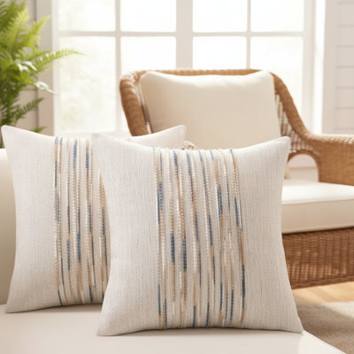 Housse de coussin en chenille carrée rayée jaune et bleu à motif de tons neutres, ensemble de 2 housses de coussins décoratifs Boho Farmhouse pour canapé et lit