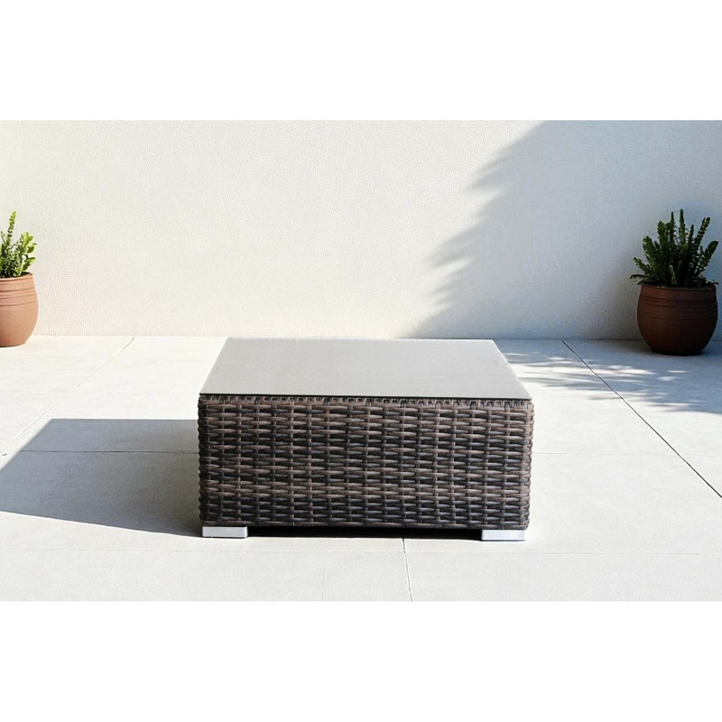 Title Brown Outdoor Coffee Table With Clear Tempered Glass, Rustproof Frame, 28" Size, Lightweight 20 Lbs, No Assembly, Weather- For Patio