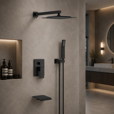 Matte black rain shower system package, including an 11-inch square rain shower overhead spray, hand shower, waterfall bathtub spout, pressure balance valve, and complete shower mixing unit.