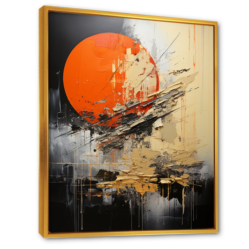 Forme de lune orange - art mural abstrait, Cadre flottant doré, H 40 po x l 30 po x P 1,5 po