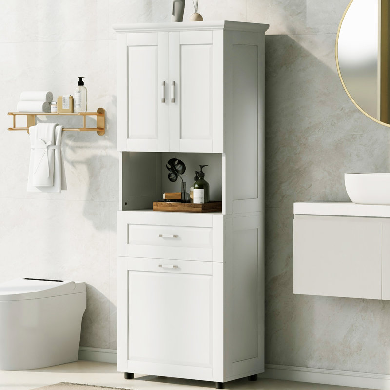 Tall Bathroom Cabinet With Laundry Basket, White