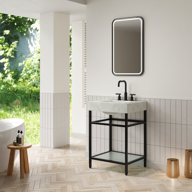 Plan de travail ASO 24 avec bordure en marbre artificiel, lavabo encastré en céramique avec 3 trous de robinetterie, support autoportant en acier inoxydable avec tablette en verre trempé, couleur noir