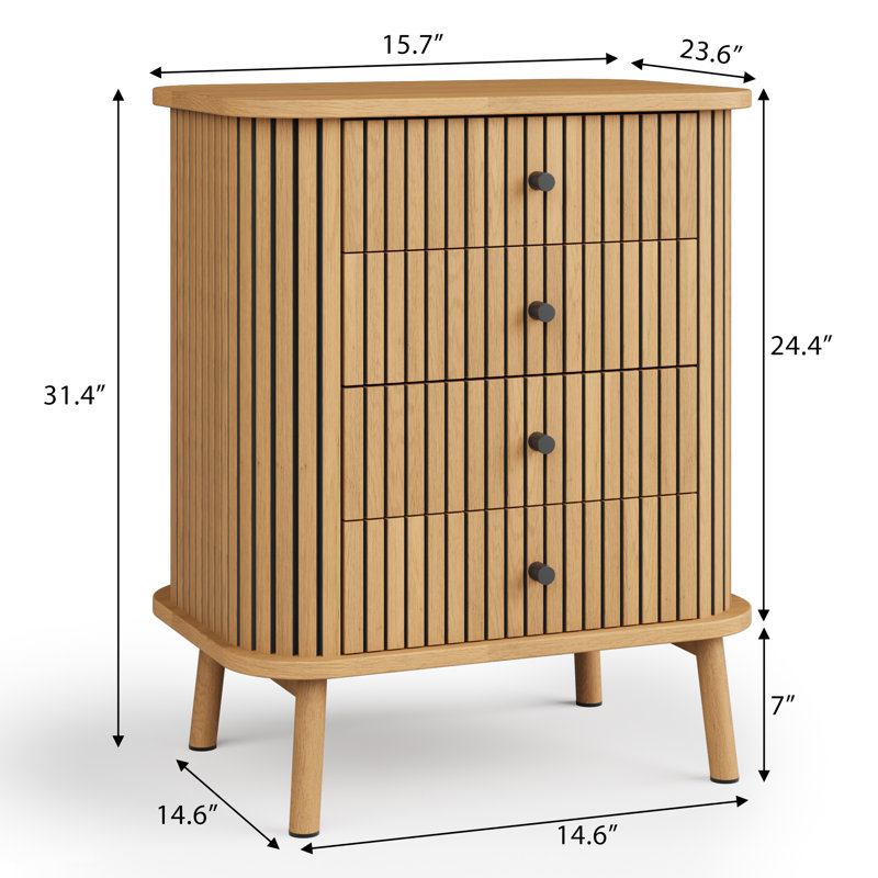 Commode moderne bohème à quatre tiroirs cannelés - Haut meuble en bois aux lignes courbes, poignées noir mat, grand espace de rangement pour chambre, salon ou entrée - Couleur : Chêne sauvage