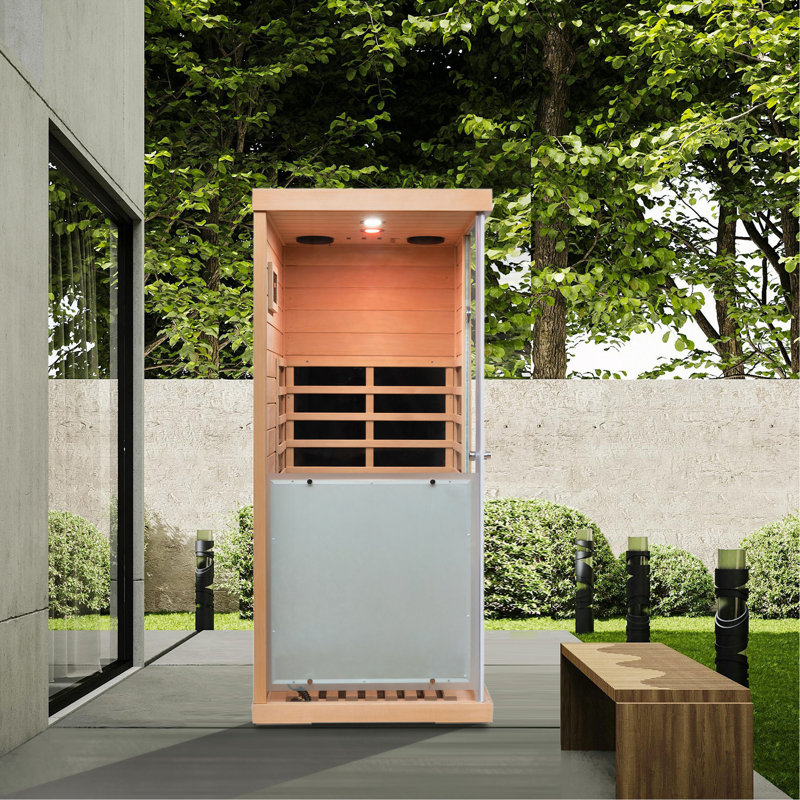 Grand petit sauna en pruche en verre avec ouverture de porte, Gauche
