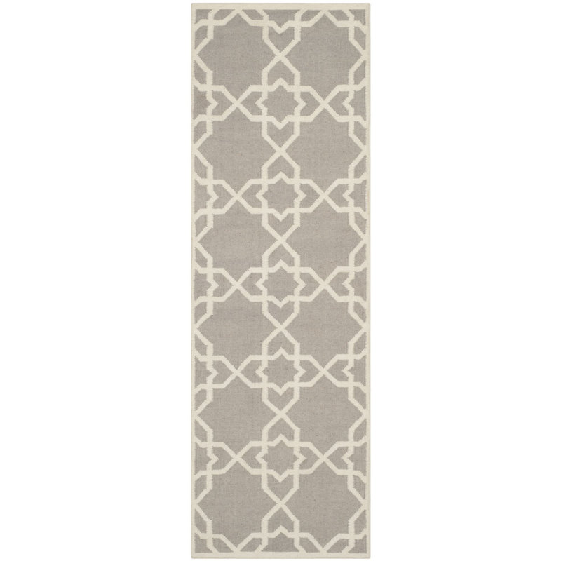 Rodgers Hand Woven Flat Weave Wool/Cotton Geometric Rug in Ivory/Gray, Runner 2'6" x 12'