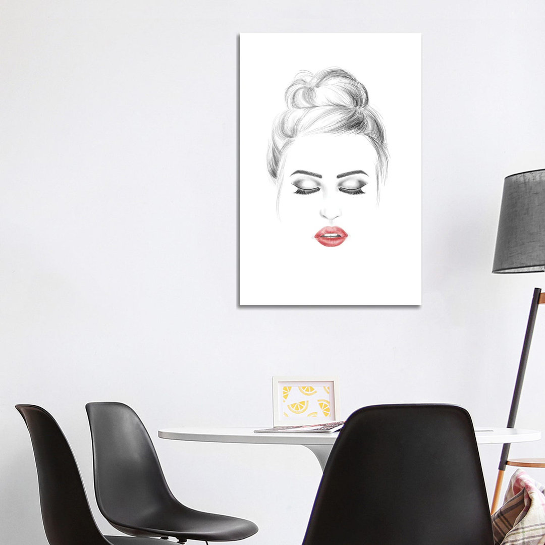 Red Lips Messy Bun von Blursbyai - Galerie-verpackte Leinwand Giclée