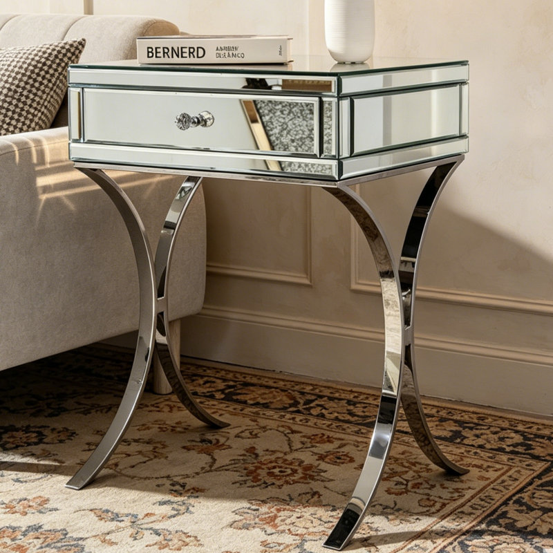 Shilah Mirrored Glass Bedside Table1-Drawer Cross-Legs Side Table Storage Nightstand 40x50cm