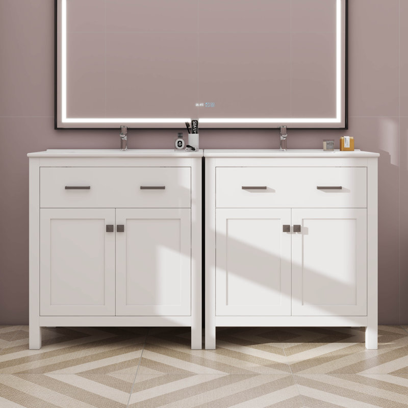 Ensemble de meuble-lavabo double 60 po avec lavabo double 60 po, tablette réglable et portes à fermeture en douceur, Blanc