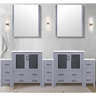 Dark Grey 96 In. W Double Bath Vanity With White Ceramic Top, 28 Mirrors, Soft Close, And Low - Maintenance Surface