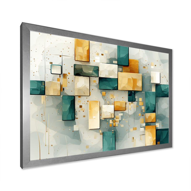 Motif géométrique rétro bleu sarcelle - impression, Cadre simple argenté, H 30 po x l 40 po x P 1,5 po