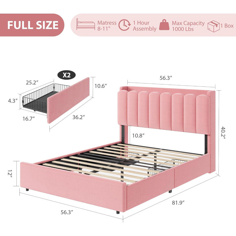 Lit plateforme tapissier à DEL avec tiroirs de rangement et tête de lit ondulée, aucun sommier requis, Lit double, Rose