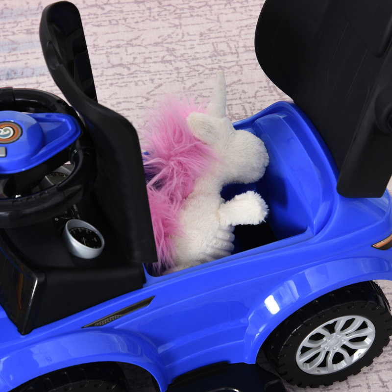 Ride On Poussette avec son et divertissement pour les enfants de 1 à 3 ans avec fonction de klaxon 2 en 1 à poussoir bleu 12-36 mois