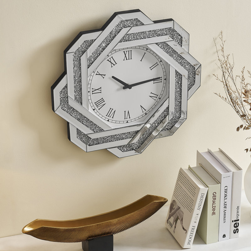 Horloge murale 20 po à miroir en forme de diamant, horloge murale à fleur en argent avec chiffres romains