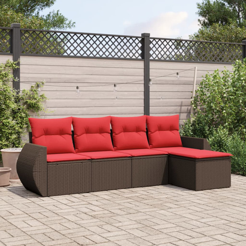 Ensemble de canapé de patio 6 pièces avec coussins en rotin de polyester, Coussin rouge / cadre brun