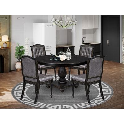 E16D068850B04DCCB33A2BCA85C28DBF - 5-Pc Round Table and 4 Polyester Chairs with Button Tufted Back, Sand Blasting Black