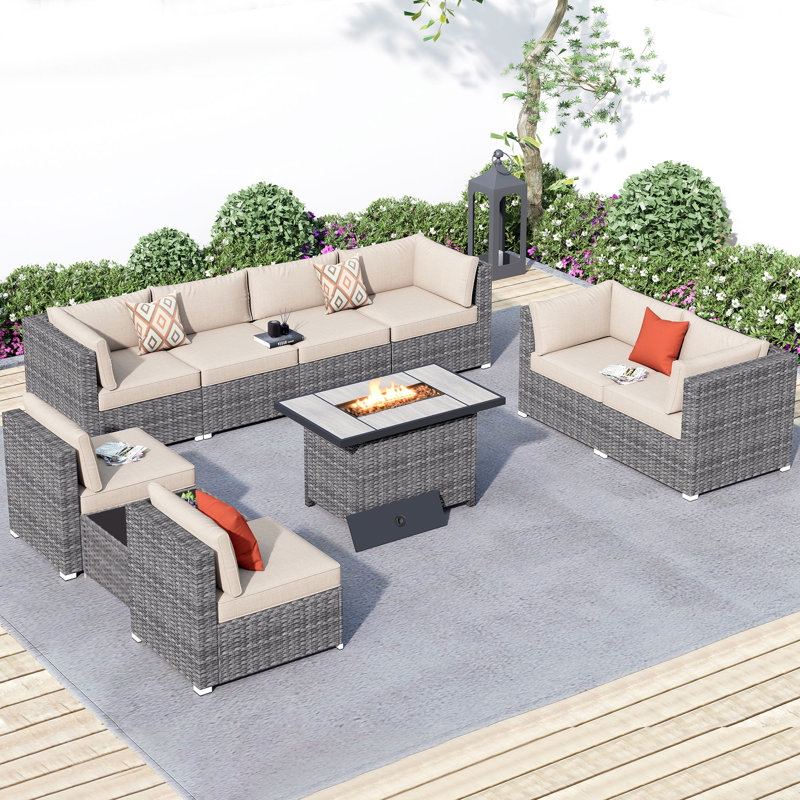 8-Person Outdoor Sectional With Cushions,All-Weather Wicker Patio Set, Beige