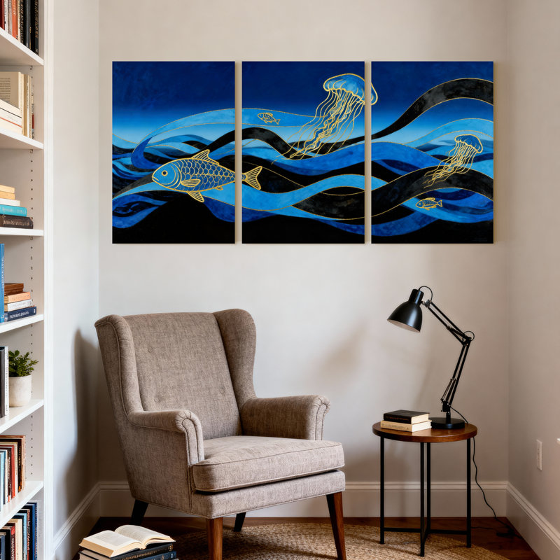 «Blue Waves Fish Jellyfish», ensemble de 3 impressions sur toile, H 24 po x l 48 po