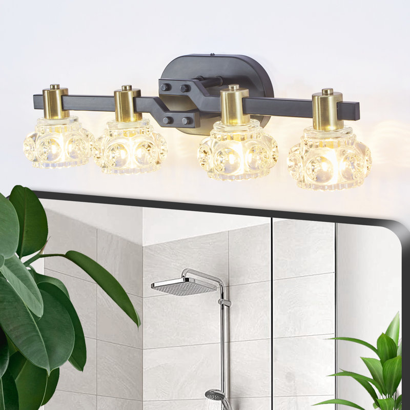 4 - Applique murale en cristal, fer noir, éclairage rétro pour la salle de bain et le couloir, écoénergétique, facile à installer, 4 lumières de style rétro, abat-jour en cristal, mat + doré, comptoir de meuble-lavabo, économie, installation