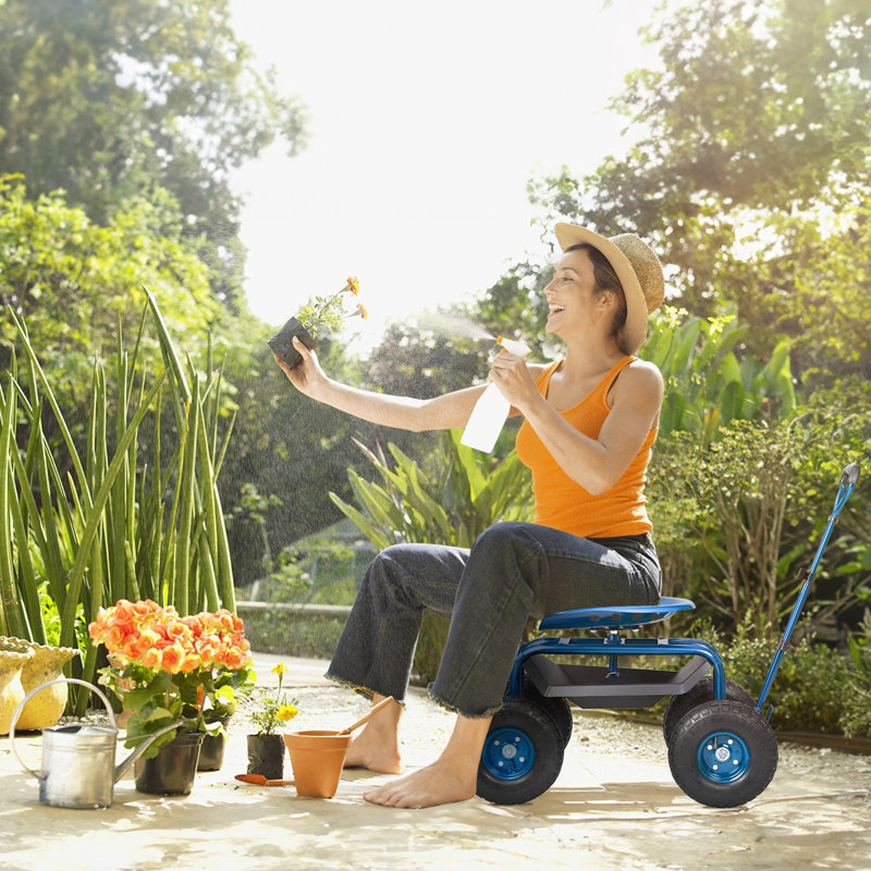 Blue Steel Rolling Garden Work Seat with Swivel and Storage