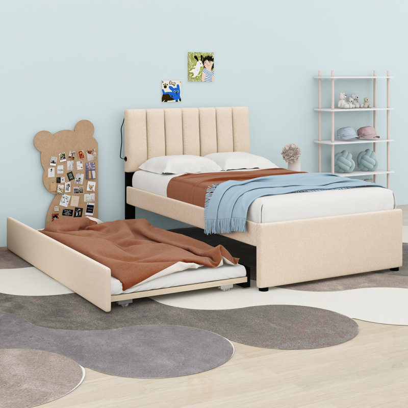 Lit plateforme tapissier avec lit gigogne, Beige